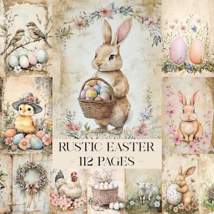 May include: A collage of watercolor illustrations with a rustic Easter theme. Images include bunnies, chicks, eggs, birds, and floral arrangements. The text "RUSTIC EASTER - 112 PAGES" is displayed in a banner across the center of the image.