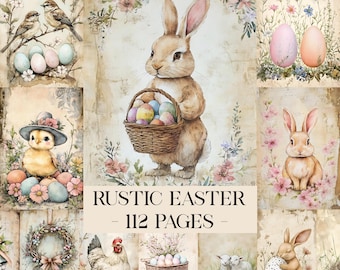 May include: A collage of watercolor illustrations with a rustic Easter theme. Images include bunnies, chicks, eggs, birds, and floral arrangements. The text "RUSTIC EASTER - 112 PAGES" is displayed in a banner across the center of the image.