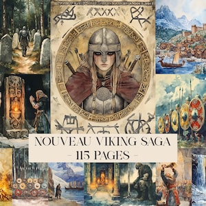 Könnte beinhalten: Eine Collage von Aquarellillustrationen mit Wikinger-Themen. Das zentrale Bild zeigt eine Kriegerin mit Helm. Weitere Szenen zeigen ein Wikingerschiff, Krieger mit Schilden und den Text "NOUVEAU VIKING SAGA - 115 PAGES".