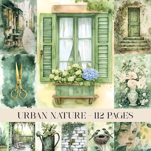 May include: Watercolor illustrations of urban and natural scenes. The images include a green window with shutters, a cafe scene, a door with climbing roses, a vase of flowers, and gold scissors. The text "URBAN NATURE - 112 PAGES" is also visible.