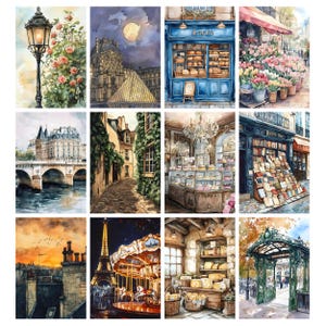 May include: A collection of watercolor paintings depicting scenes of Paris. The images include a street lamp with roses, the Louvre at night, a bakery, a flower shop, a bridge, a cobblestone street, a patisserie, a bookstore, rooftops at sunset, the Eiffel Tower, and a cheese shop.