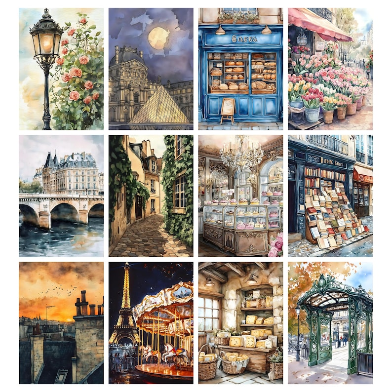 May include: A collection of watercolor paintings depicting scenes of Paris. The images include a street lamp with roses, the Louvre at night, a bakery, a flower shop, a bridge, a cobblestone street, a patisserie, a bookstore, rooftops at sunset, the Eiffel Tower, and a cheese shop.