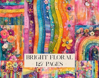 May include: A vibrant collage featuring colorful floral designs and rainbow patterns. The artwork includes the text "BRIGHT FLORAL - 127 PAGES" in a cream-colored banner. The overall theme is bright and cheerful, with a focus on flowers and artistic expression.