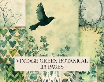 Botanical Junk Journal Pages Green Vintage Shabby, Cottage Antique Distressed Filler Scrapbook Papers Digital Wedding Party Invitation Card