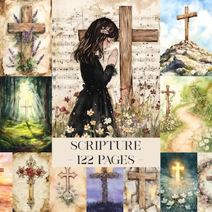 May include: A collage of watercolor illustrations featuring crosses and a young woman praying. The central image shows a woman in a black dress with floral accents, standing near a wooden cross. The text "SCRIPTURE - 122 PAGES" is displayed.