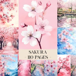 May include: A collection of watercolor illustrations featuring cherry blossoms in various scenes. The images showcase pink flowers, tree-lined paths, and serene landscapes. The text "SAKURA - 110 PAGES" is displayed on a cream-colored banner.