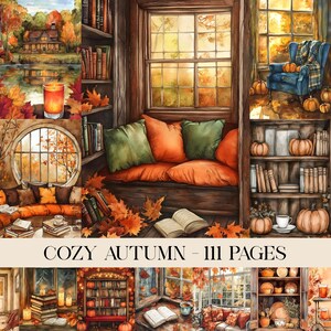 Könnte beinhalten: Aquarellillustration einer gemütlichen Herbstszene. Sie zeigt eine Fensterbank mit orangefarbenen Kissen und grünen Kissen, umgeben von Büchern, Kürbissen und Herbstlaub. Der Text "COZY AUTUMN - 111 PAGES" ist unten zu sehen.