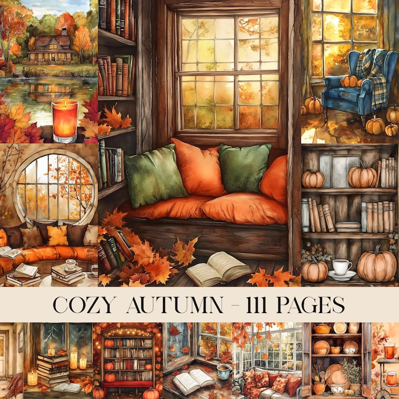 May include: Watercolor illustration of a cozy autumn scene. Features a window seat with orange cushions and green pillows, surrounded by books, pumpkins, and fall foliage. The text "COZY AUTUMN - 111 PAGES" is displayed at the bottom.