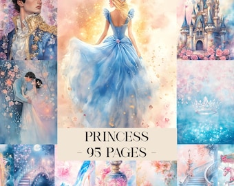 Páginas de diario de princesas, efímeras de princesas, papeles de álbum de recortes de princesas, papeles digitales de cuentos de hadas, hojas de collage, ilustraciones de fantasía