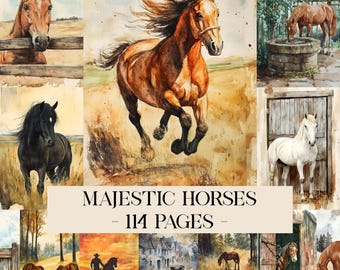 Könnte beinhalten: Eine Sammlung von Aquarellmalereien mit Pferden in verschiedenen Umgebungen. Die Bilder zeigen Pferde auf Feldern, in der Nähe von Zäunen und vor rustikalen Gebäuden. Der Text "MAJESTIC HORSES - 114 PAGES" ist unten zu sehen.