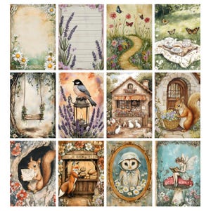 May include: A collection of twelve watercolor illustrations featuring whimsical scenes. The images include a swing, a bird on a lantern, a cottage, a squirrel, a fox, an owl, and a fairy. Each image has a soft, pastel color palette with floral and nature elements.