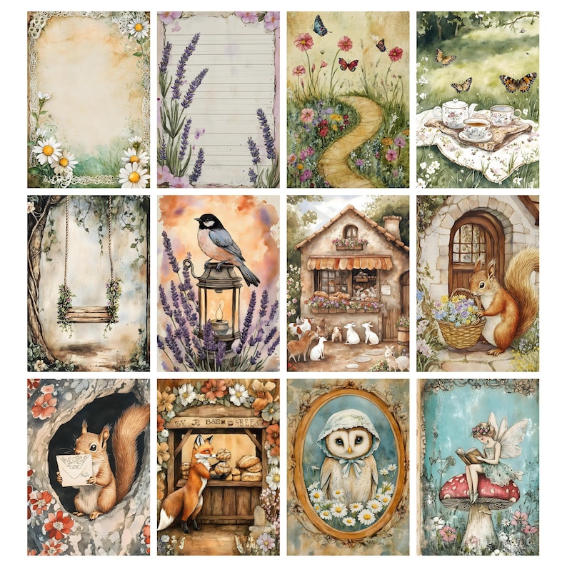 May include: A collection of twelve watercolor illustrations featuring whimsical scenes. The images include a swing, a bird on a lantern, a cottage, a squirrel, a fox, an owl, and a fairy. Each image has a soft, pastel color palette with floral and nature elements.