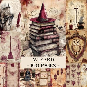 May include: A collection of wizard-themed illustrations featuring a stack of books topped with a pointed hat, a castle, a broom, a potion, an owl in a crest, a train, and various scrolls. The text WIZARD - 100 PAGES is centred at the bottom.