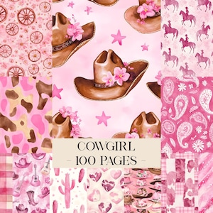 Könnte beinhalten: Eine Collage aus rosa- und braunfarbenen Mustern, darunter Cowboyhüte mit rosa Blumen, Sterne und Kuhfellmuster. Der Text "COWGIRL - 100 PAGES" befindet sich auf einem hellbraunen Rechteck.