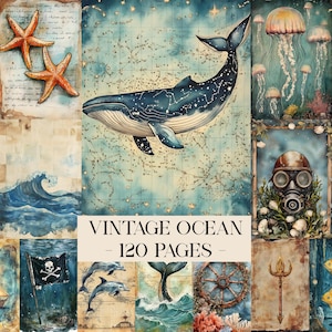 May include: A collage of vintage ocean illustrations. Features a whale with constellation markings, starfish, jellyfish, a pirate flag, and the text "VINTAGE OCEAN - 120 PAGES -."