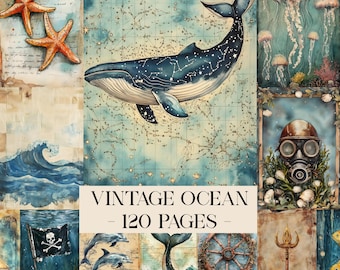 Vintage Ocean Junk Journal Kit, Seashell & Starfish Journal Pages, Nautical Scrapbook Ephemera, Underwater Junk Journal, Printable Paper
