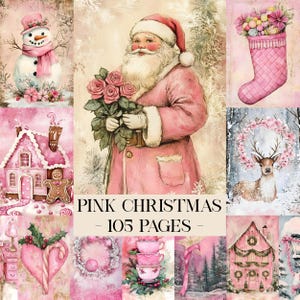 Pink Christmas Junk Journal Kit, Merry Christmas Junk Journal Pages, Santa Scene Junk Journal Printable Paper Digital Collage Sheet Ephemera