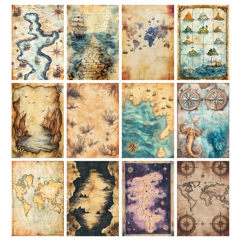 May include: A collection of twelve vintage-style maps with a nautical theme. The maps feature illustrations of ships, compass roses, coastlines, and celestial charts. The color palette includes shades of brown, blue, and beige, giving them an aged appearance.