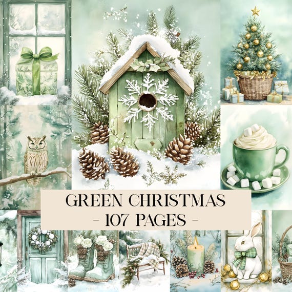 Green Christmas Junk Journal Pages, Vintage Winter Watercolor Printable Kit, Christmas Ephemera, Vintage Christmas Journal, Digital Download