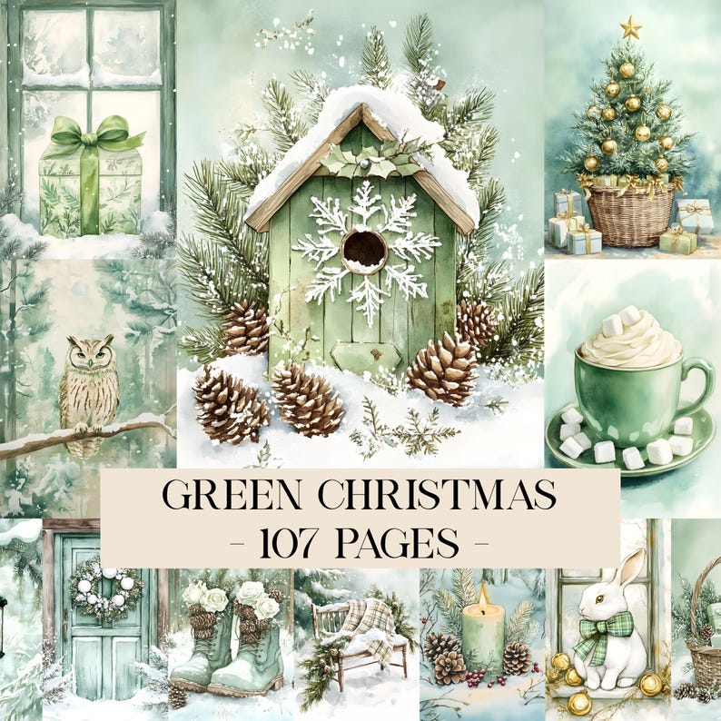 以下が含まれることがあります： 緑のクリスマスをテーマにした水彩イラストのコラージュ。鳥小屋、クリスマスツリー、フクロウ、ギフト、ウサギなどの画像が含まれています。「GREEN CHRISTMAS - 107 PAGES -」というテキストが画像の中央に表示されています。