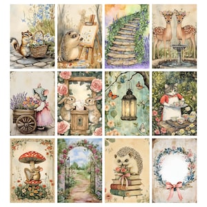 May include: A collection of whimsical watercolor illustrations featuring woodland creatures and floral elements. Scenes include a chipmunk with a basket of flowers, a hedgehog painting, a staircase, deer, a mouse with a cart, rabbits, a lantern, a cat with tea, a mushroom, a garden gate, a hedgehog with books, and a floral wreath.