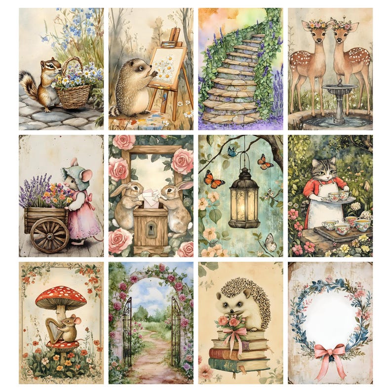 May include: A collection of whimsical watercolor illustrations featuring woodland creatures and floral elements. Scenes include a chipmunk with a basket of flowers, a hedgehog painting, a staircase, deer, a mouse with a cart, rabbits, a lantern, a cat with tea, a mushroom, a garden gate, a hedgehog with books, and a floral wreath.
