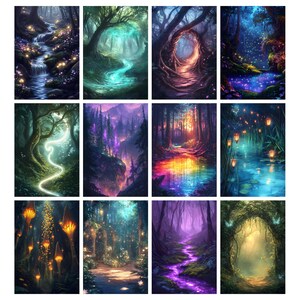 May include: A collection of twelve fantasy landscape art prints. Each print depicts a different enchanted forest scene with glowing lights, streams, and vibrant colors. The artwork features a variety of trees, water features, and magical elements.