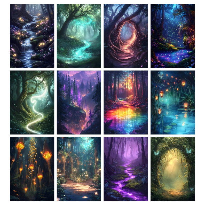 May include: A collection of twelve fantasy landscape art prints. Each print depicts a different enchanted forest scene with glowing lights, streams, and vibrant colors. The artwork features a variety of trees, water features, and magical elements.