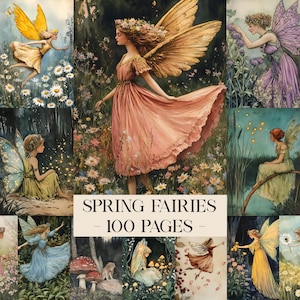 May include: A collection of watercolour illustrations depicting fairies in a variety of settings. The fairies have large wings and are surrounded by flowers and nature. The text "SPRING FAIRIES - 100 PAGES" is displayed at the bottom.