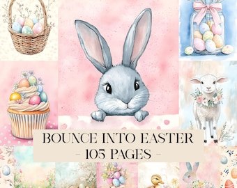 Puede incluir: Una colección de ilustraciones en acuarela con temática de Pascua. Las imágenes incluyen un conejito gris, huevos de Pascua, un cordero con una corona floral, una magdalena y una cesta de huevos. También está presente el texto "BOUNCE INTO EASTER - 105 PAGES -".