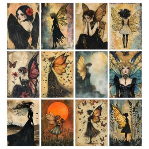 May include: A collection of twelve fantasy art prints featuring fairies with detailed wings and flowing gowns. The artwork showcases a variety of poses and settings, with a color palette of blacks, oranges, and blues.