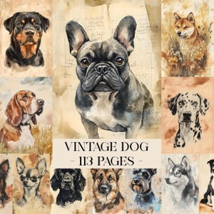 May include: A collection of watercolor dog portraits, including a Rottweiler, French Bulldog, Beagle, Dalmatian, Shiba Inu, and others. The text "VINTAGE DOG - 113 PAGES" is displayed in the center of the image.