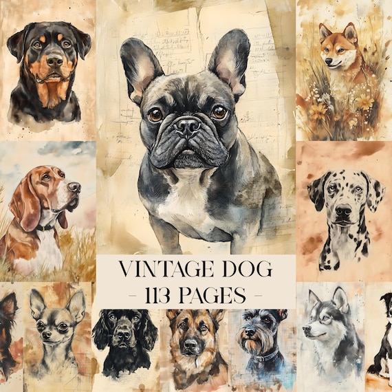 Vintage Dog Journal Pages, Printable Dog Breeds Paper Pack, Antique Dog Art Digital Papers, Puppy Junk Journal Ephemera, Pet Scrapbook Kit