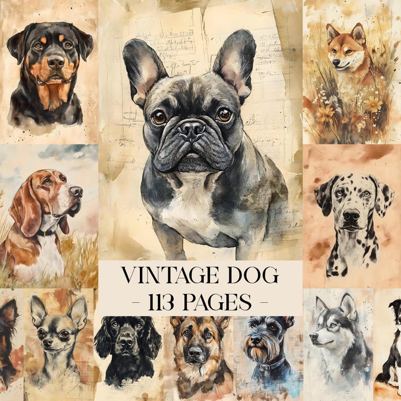 May include: A collection of watercolor dog portraits, including a Rottweiler, French Bulldog, Beagle, Dalmatian, Shiba Inu, and others. The text "VINTAGE DOG - 113 PAGES" is displayed in the center of the image.