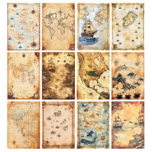 May include: A collection of twelve vintage-style maps with a nautical theme. The maps feature detailed illustrations of continents, oceans, and sailing ships, with a sepia-toned color palette. Each map has a unique design, including compass roses and decorative borders.