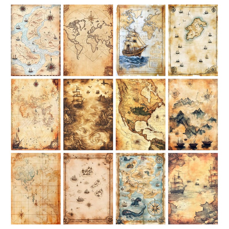 May include: A collection of twelve vintage-style maps with a nautical theme. The maps feature detailed illustrations of continents, oceans, and sailing ships, with a sepia-toned color palette. Each map has a unique design, including compass roses and decorative borders.