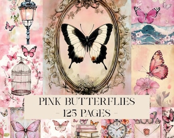 Vintage Pink Butterflies and Roses Junk Journal Paper, Cottage Shabby Chic, Antique Filler Pages Scrapbook, Floral Digital Paper, Ephemera