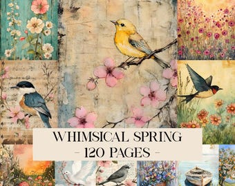 Spring Whimsical Pastel Collage Sheets Floral Whimsy Mixed Media Watercolor Junk Journal Pages Printable Paper Scrapbooking Digital Download