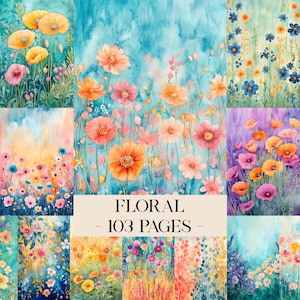May include: A collection of watercolor floral designs in various styles and colors, including orange, pink, and blue flowers. The text "FLORAL - 103 PAGES -" is displayed in the center of the image.