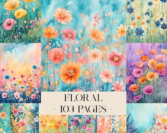 Seamless Floral Pattern, Floral Digital Papers, Watercolor Vibrant Rich Garden Flowers Junk Journal Pages Floral Background Scrapbook Papers