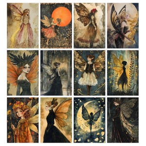 May include: A collection of twelve watercolor paintings featuring fairies with detailed wings and flowing gowns. The color palette includes shades of gold, orange, black, and blue. Each painting depicts a unique fairy in various poses, set against different backgrounds.