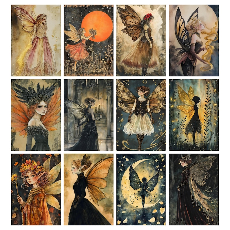 May include: A collection of twelve watercolor paintings featuring fairies with detailed wings and flowing gowns. The color palette includes shades of gold, orange, black, and blue. Each painting depicts a unique fairy in various poses, set against different backgrounds.
