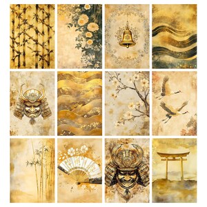 May include: A collection of twelve rectangular art prints with a Japanese theme. The prints feature various designs, including bamboo, floral arrangements, a bell, samurai masks, and landscapes, all in shades of gold and brown.