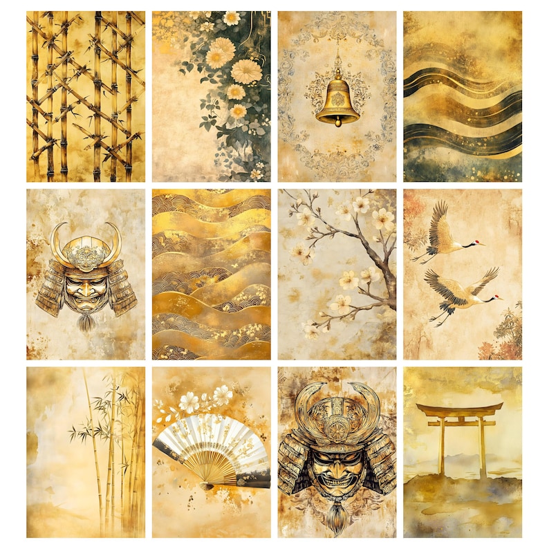 May include: A collection of twelve rectangular art prints with a Japanese theme. The prints feature various designs, including bamboo, floral arrangements, a bell, samurai masks, and landscapes, all in shades of gold and brown.