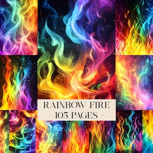 May include: A digital art collage featuring vibrant, swirling flames in a spectrum of colors. The image includes the text "RAINBOW FIRE - 105 PAGES" on a cream-colored banner. The flames blend hues of red, orange, yellow, green, blue, and purple.