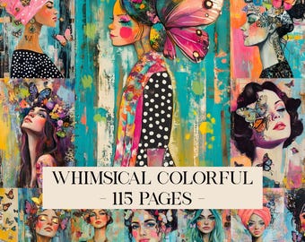 Whimsical Junk Journal Pages, Whimsical Background, Colorful Mixed Media Papers, Digital Collage, Ephemera, Digital Papers, Digital Download