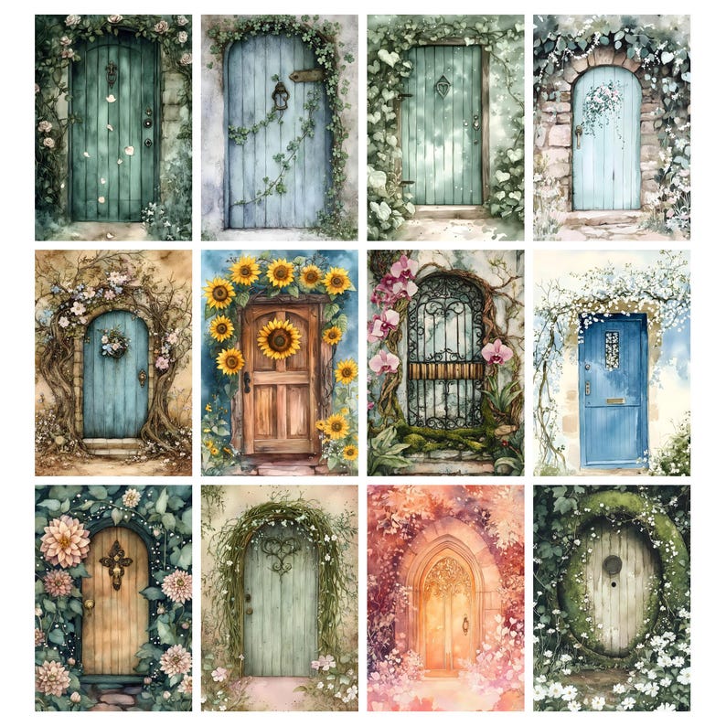 May include: A collection of twelve watercolor paintings featuring whimsical doors. Each door is unique, with varying colors, floral accents, and architectural styles. Some doors are adorned with sunflowers, vines, or stone archways, creating a fairytale aesthetic.