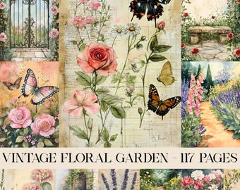 Vintage Floral Garden Junk Journal Kit, Botanical Journal, Printable Pages, Papers, Ephemera, Cottagecore, Shabby Chic, Scrapbook Supplies
