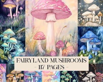 Fairyland Mushrooms Junk Journal Kit, Mushroom Pages, Fantasy Journal, Forest Junk Journal Pages, Mushroom Ephemera Digital Scrapbook Papers