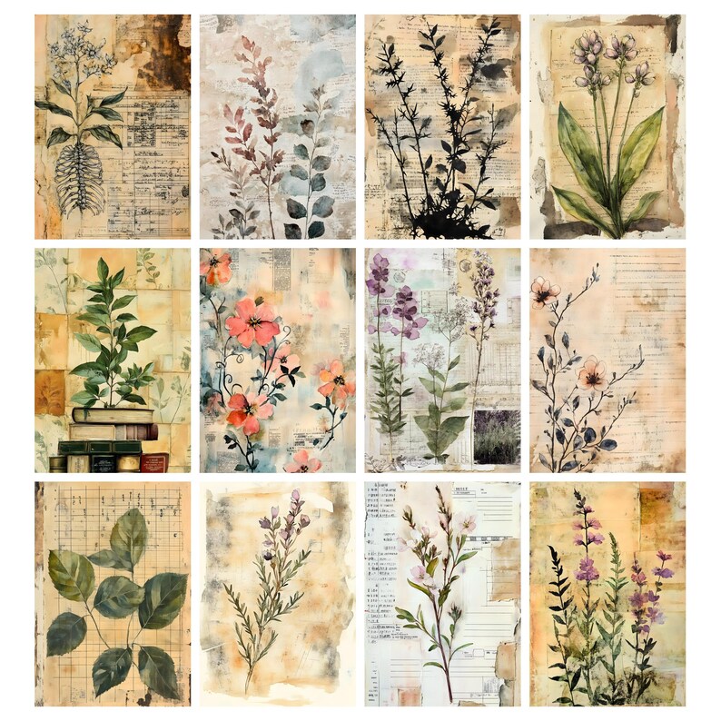 Blomarkivets skräpjournalsidor, vintage botaniskt collagepapper, vintage blomskräpjournalkit, digitala blompapper, efemera bild 4